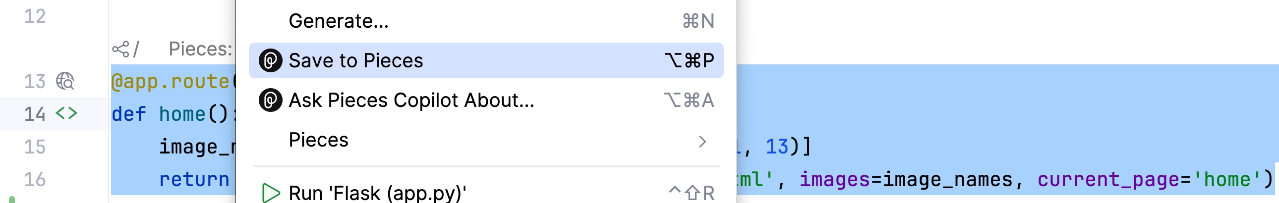 A screenshot of PyCharm with a Python function selected and the Pieces context menu showing